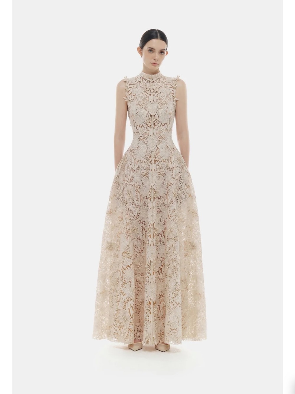 High-Neck Sleeveless Lace Maxi Dress in Cream